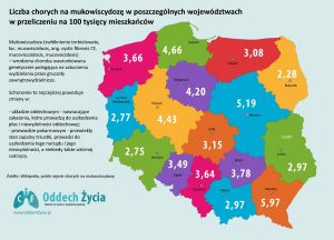 Liczba chorych na mukowiscydozę w poszczególnych województwach w przeliczeniu na 100 tysięcy mieszkańców